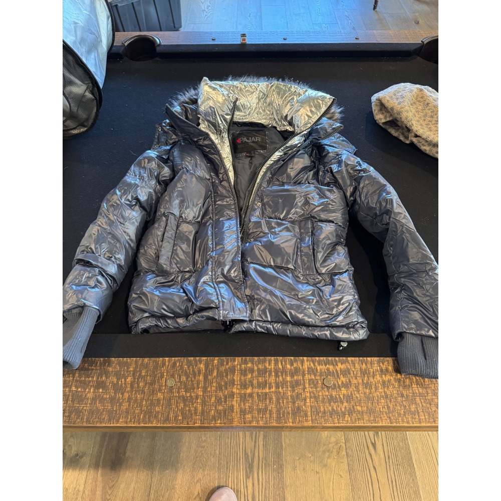 Pajar Canada Womens Puffer Jacket Navy Blue Metallic Faux Fur Hood XS Coat